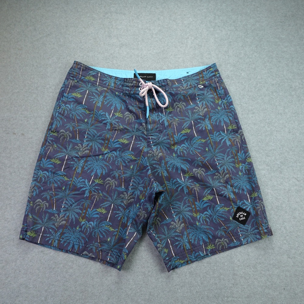 American Eagle Swim Trunks Mens Medium Blue Palm Tree Tropical Board Shorts